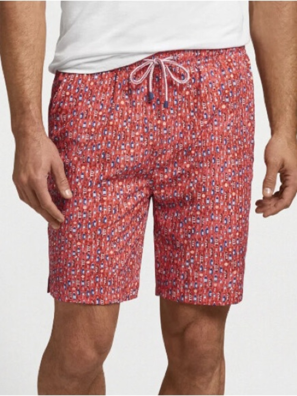Peter Millar Red Patterned Swim Trunks with Navy and White Detail